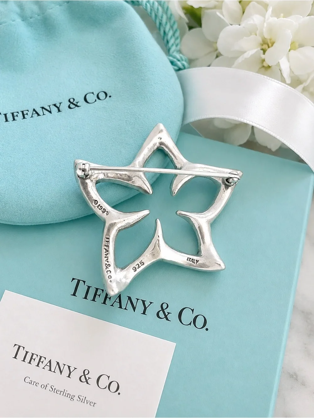 Vintage Tiffany & Co. Star Plumeria Open Flower Brooch Pin Sterling Silver 1.75”